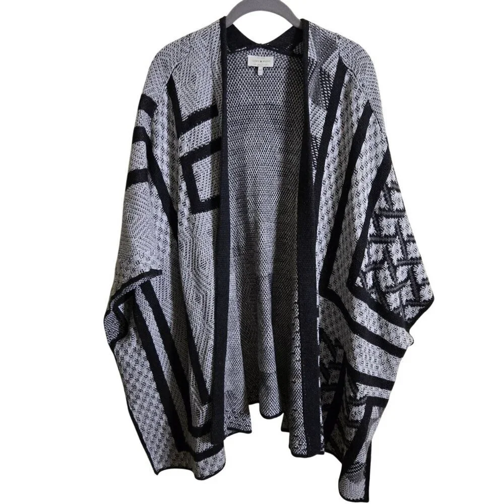 Lucky Brand Intarsia Poncho Neutral Black Gray Cotton Blend One Size
